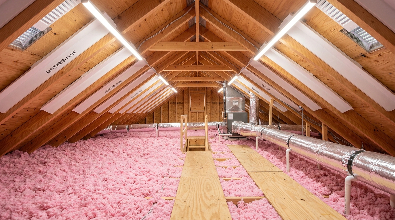 Clean attic space with modern blown insulation and rafter ventilation baffles