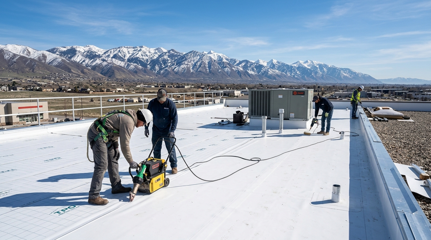 Commercial grade TPO membrane flat roof installation in Salt Lake County