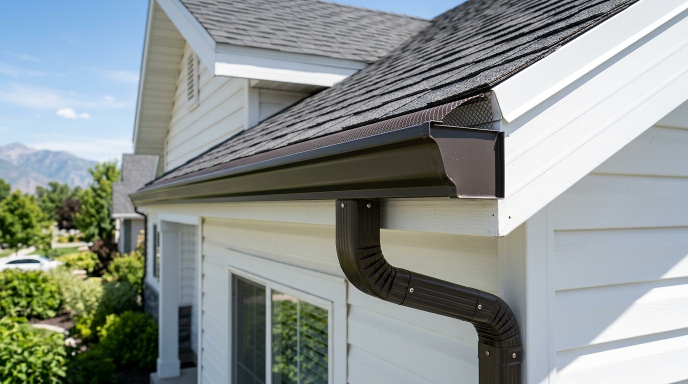 Seamless aluminum gutter and downspout system on residential eave in Murray UT