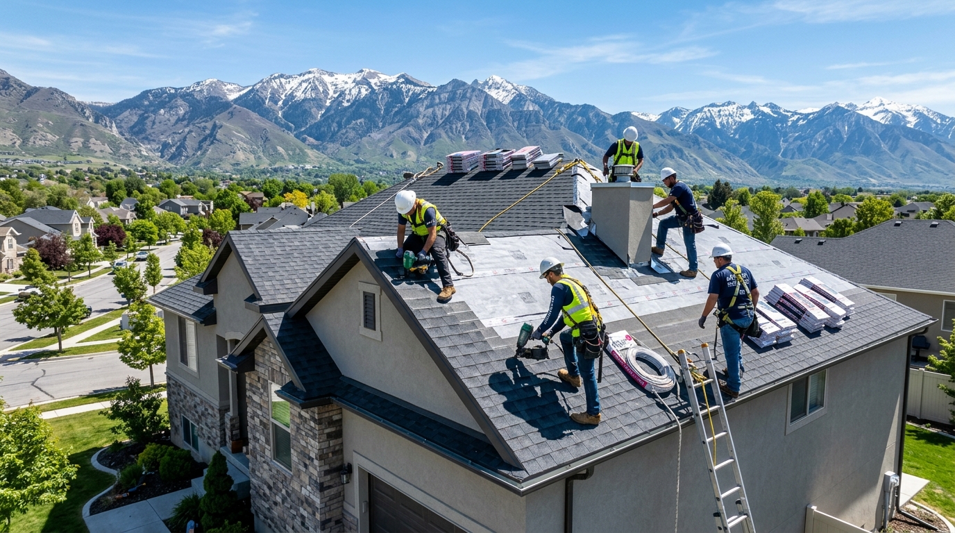 Professional roofing shingle installation on residential roof in Utah