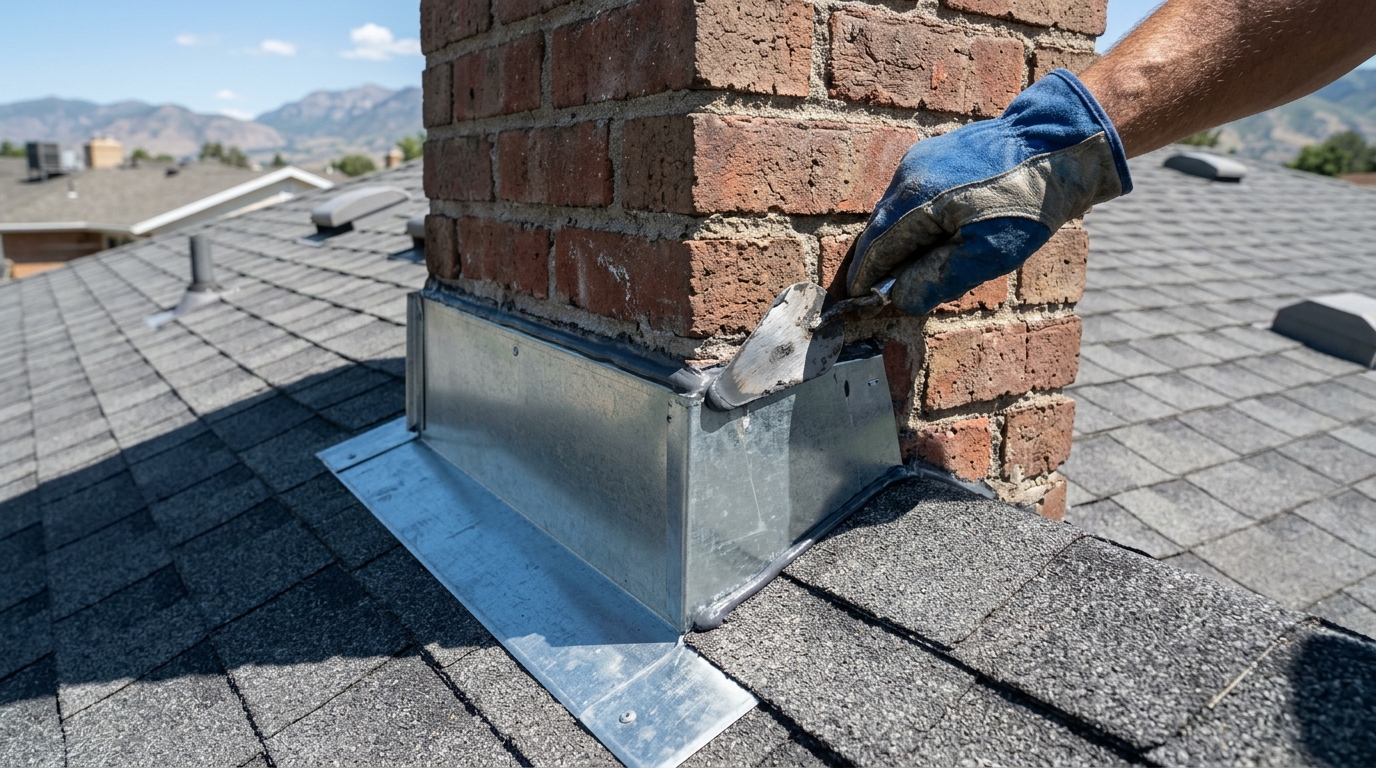 Precision chimney flashing repair and waterproofing sealant on residential roof