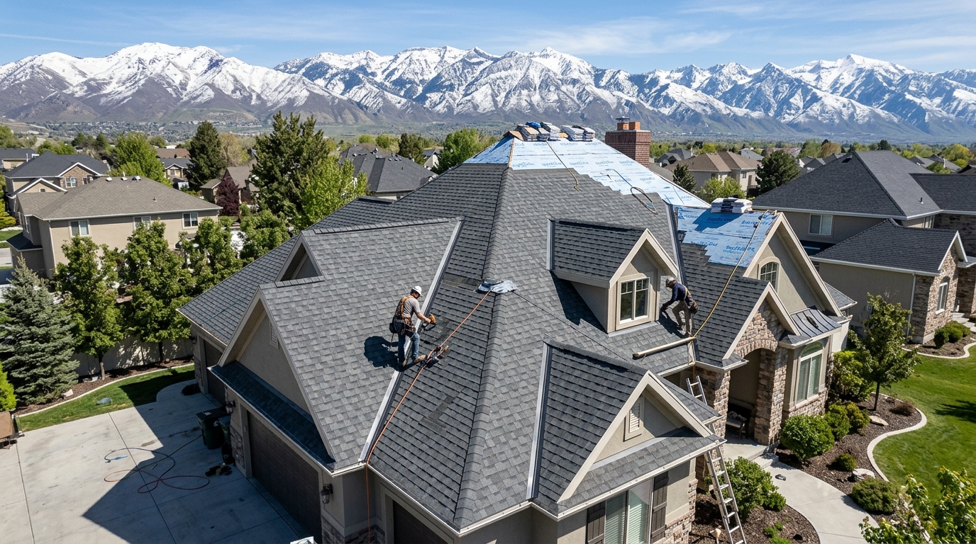 Aerial perspective of a residential roof replacement project in Murray Utah with Wasatch mountains in the background