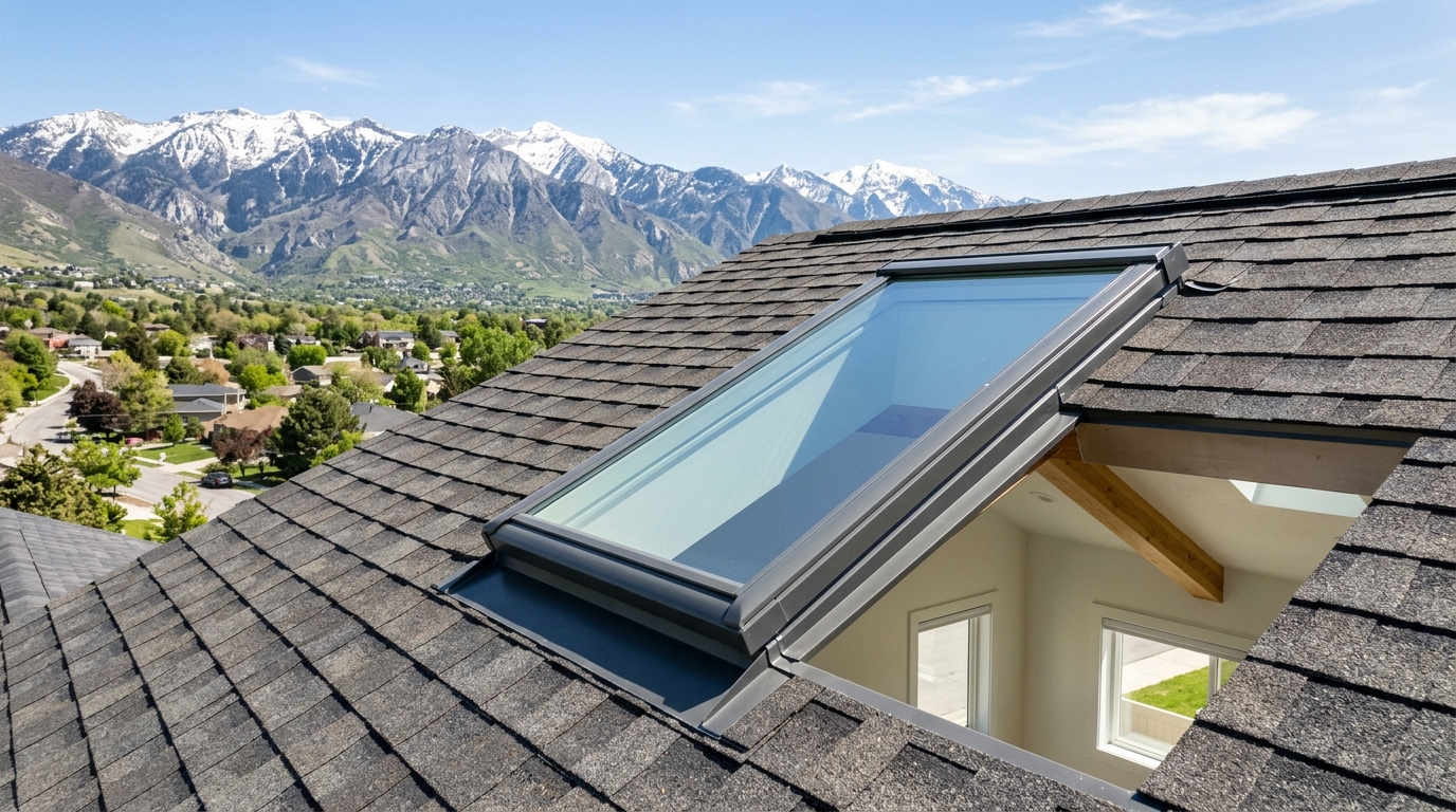 Modern leak proof residential roof skylight installed with mountain view in Murray Utah