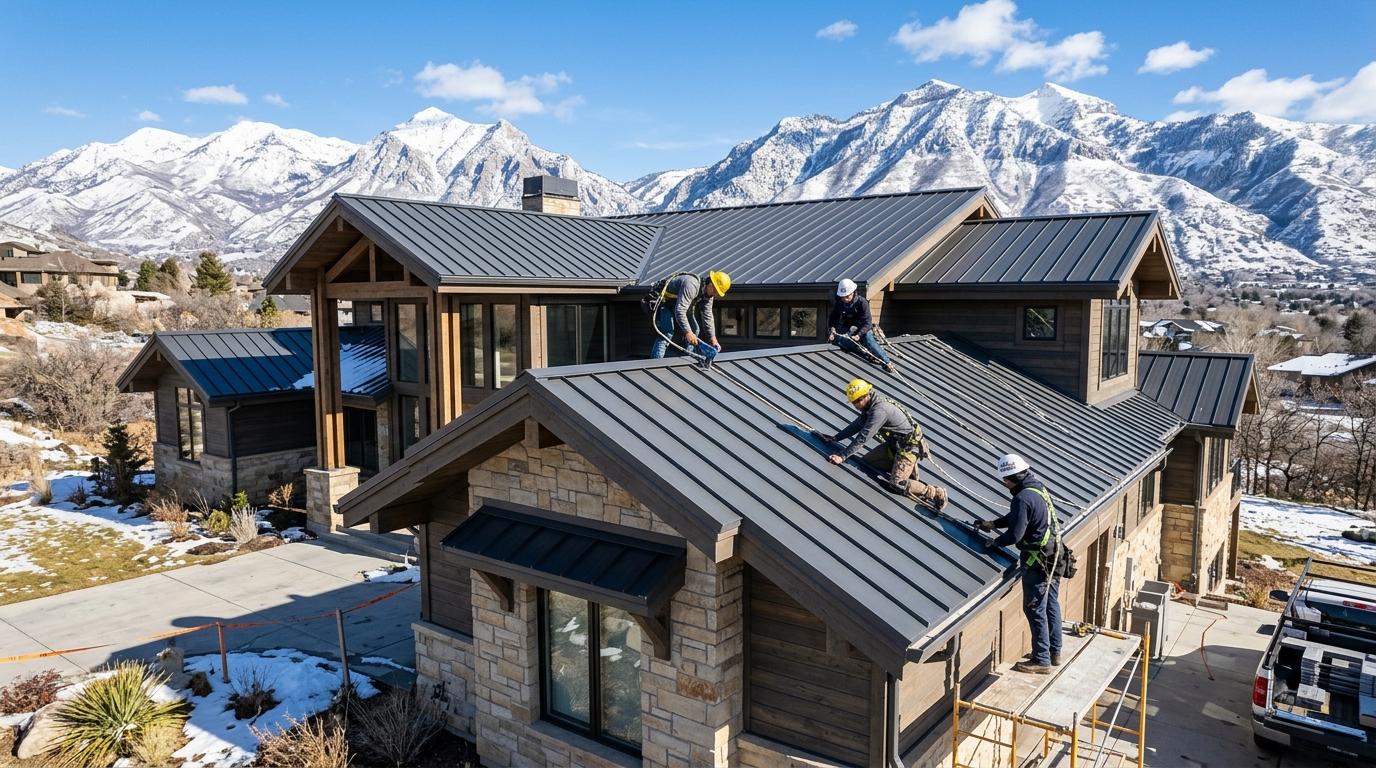 Standing seam metal roofing system installed on a luxury home in Murray Utah