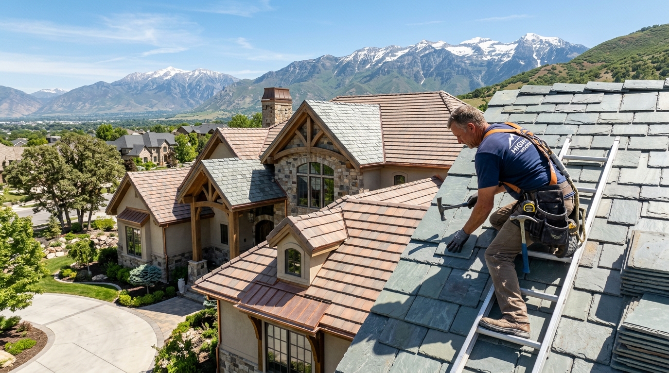 Concrete tile and natural slate roofing on a custom home in Murray Utah